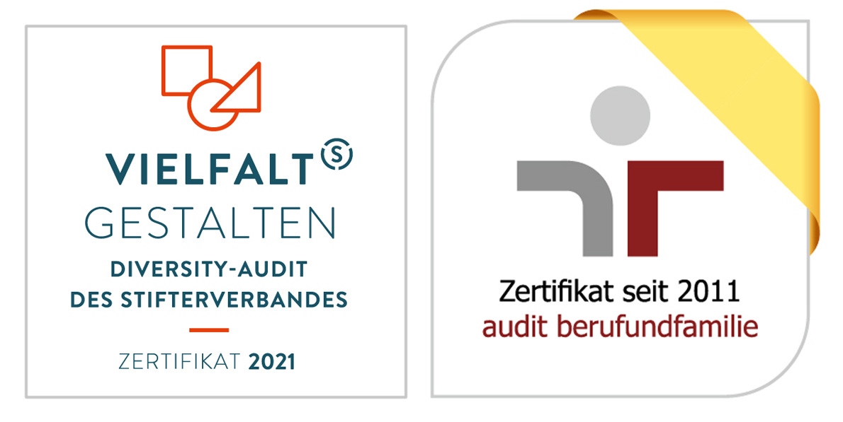 Logo für Zertifikatsträgers des Audits Vielfalt gestalten des Stifterverbands und Logo des Audits berufundfamilie für langjährige Zertifikatsträger